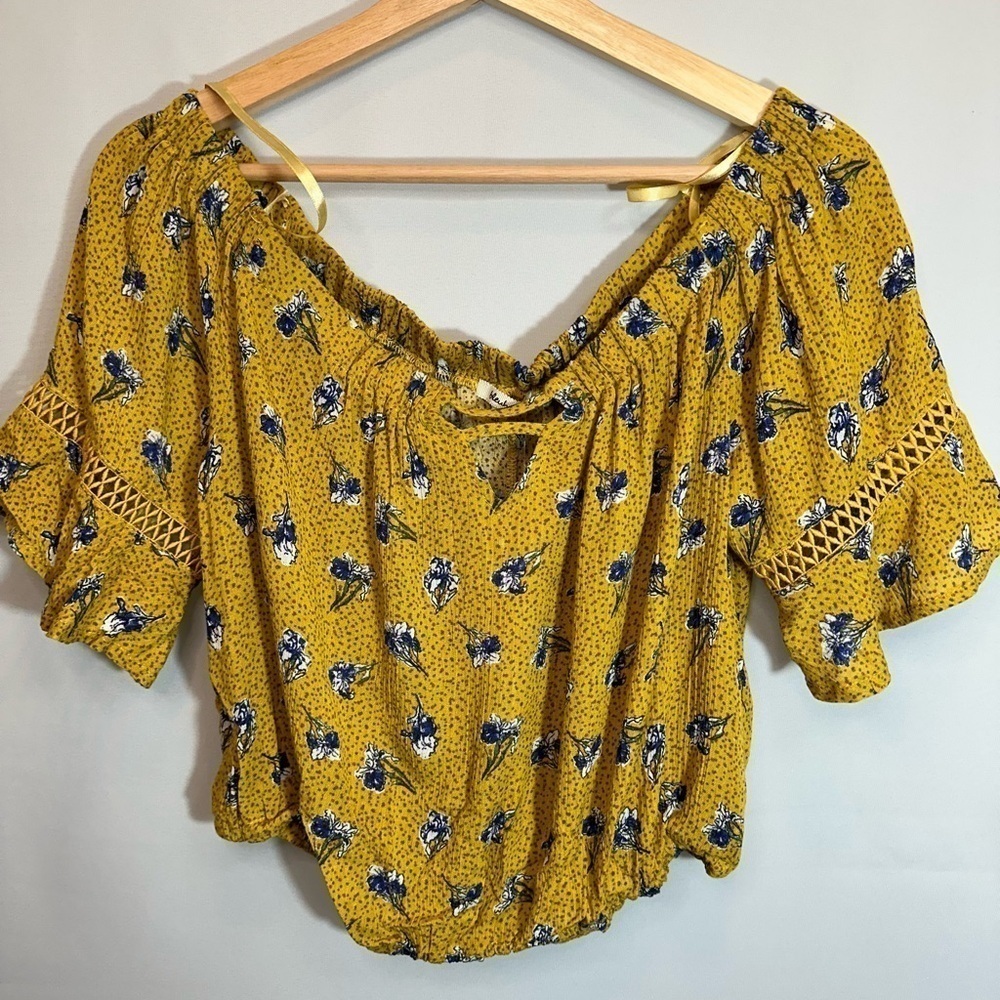 Bleuh Ciel Womens Crop Top Blouse Off The Shoulder Floral Lace Trim Sleeve Boho